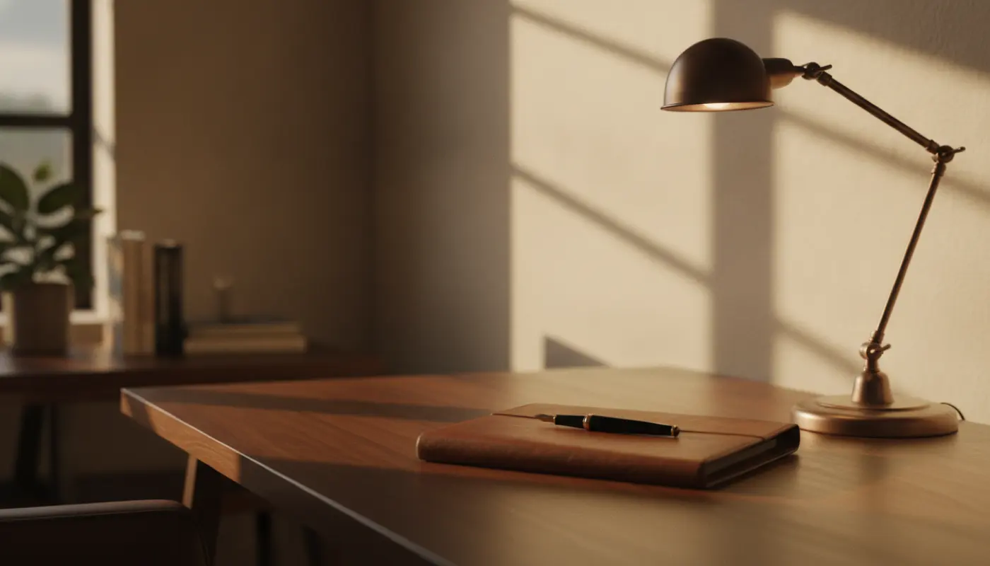 A tidy professional office desk corner with a leather folio and desk lamp