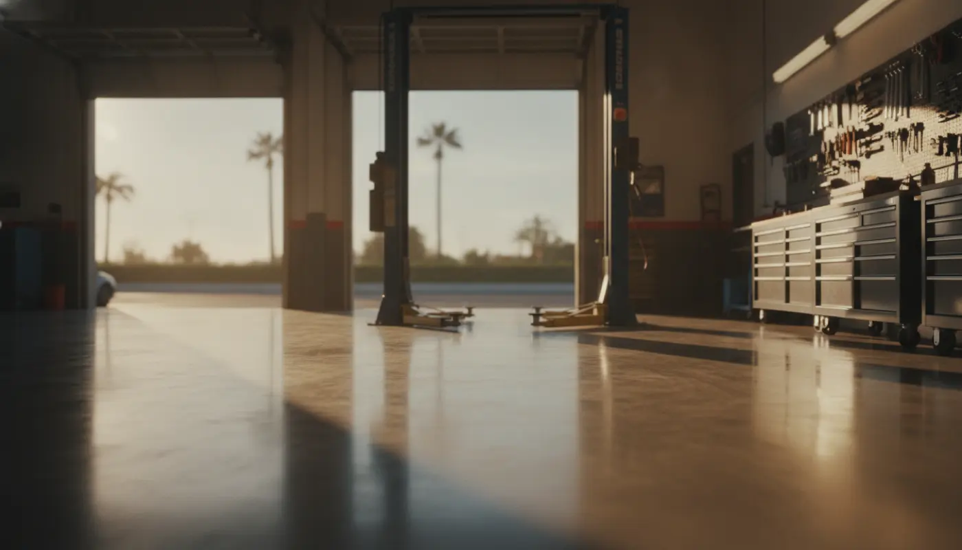A spotless independent auto repair bay with polished concrete floor and daylight