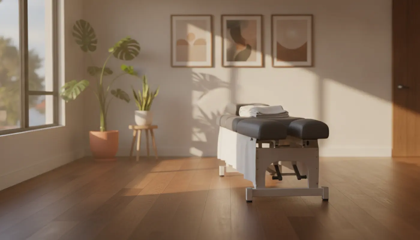 A quiet chiropractic treatment room with a neatly made table and daylight
