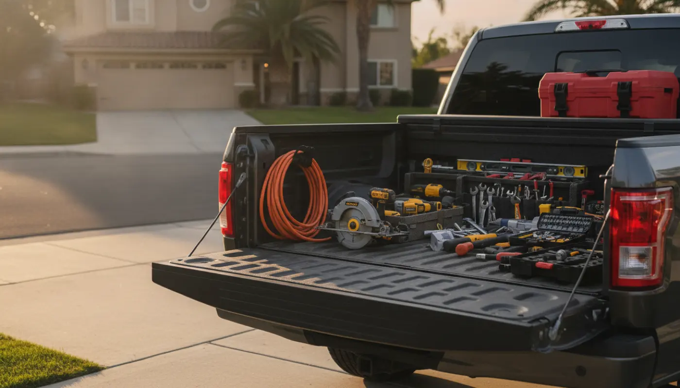 A contractor's organised truck bed of professional tools on a suburban driveway at golden hour
