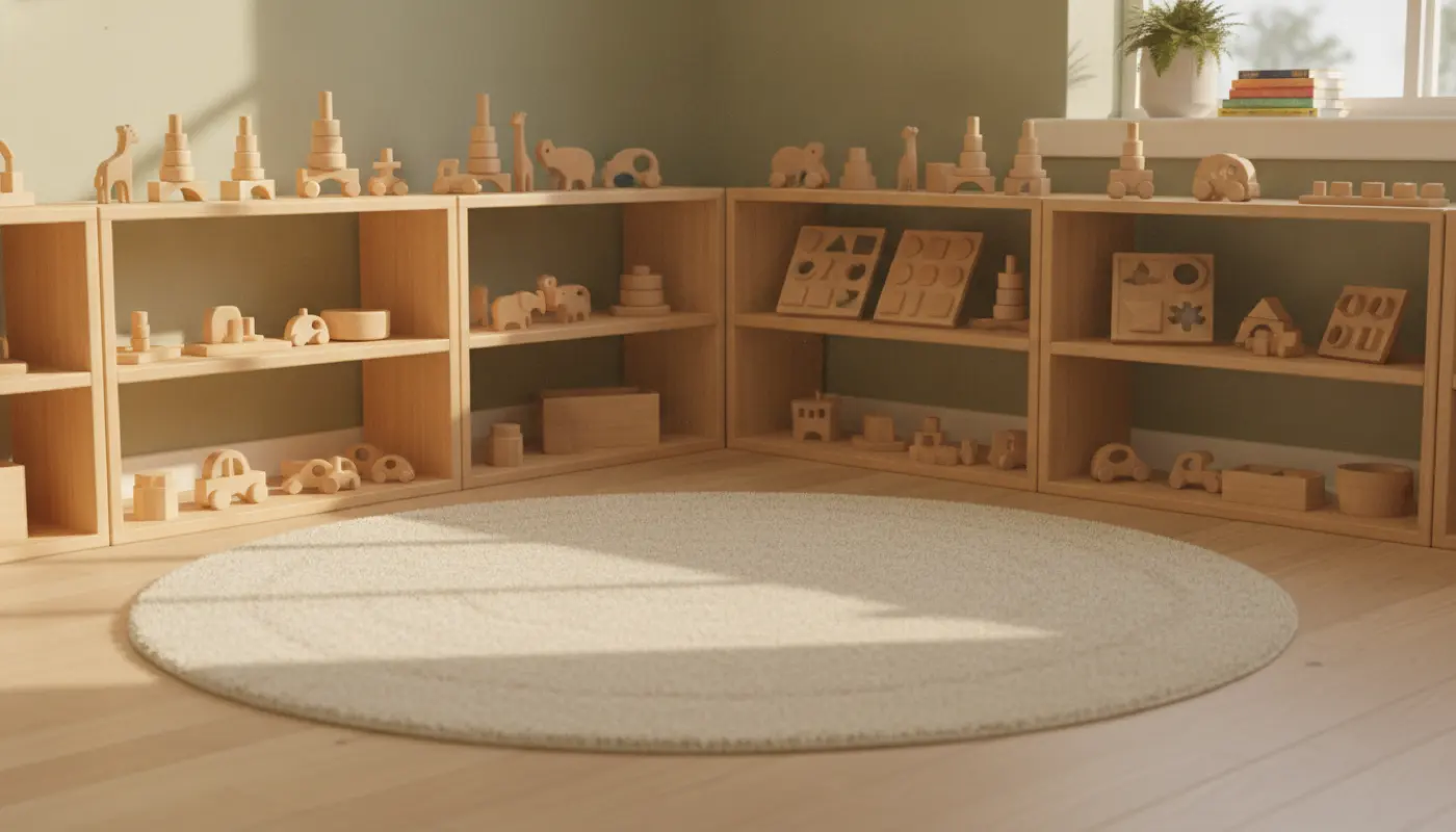 A tidy childcare playroom corner with wooden shelves, neat toys and a soft rug