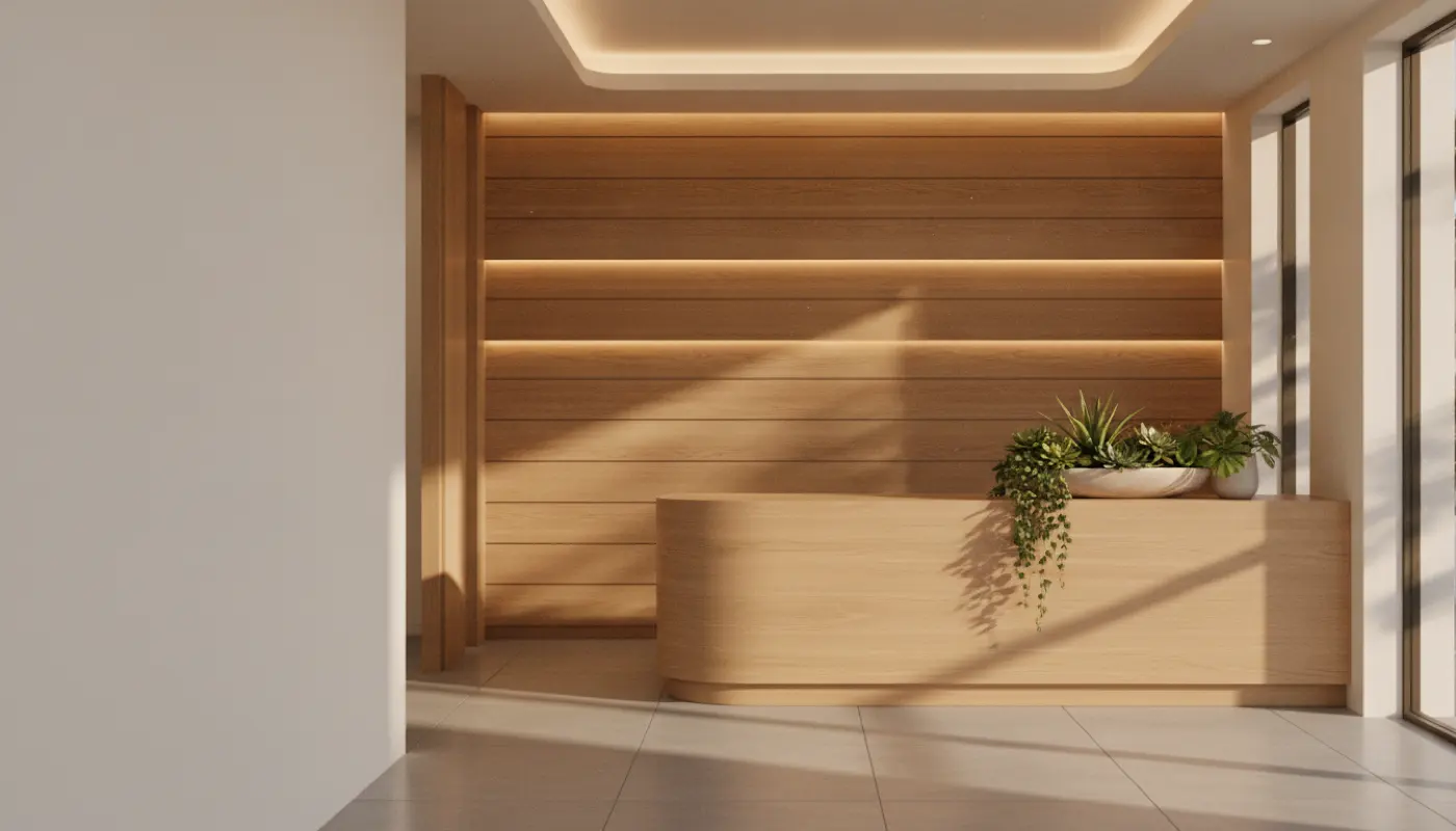 A calm modern dental reception area with warm oak millwork and plants