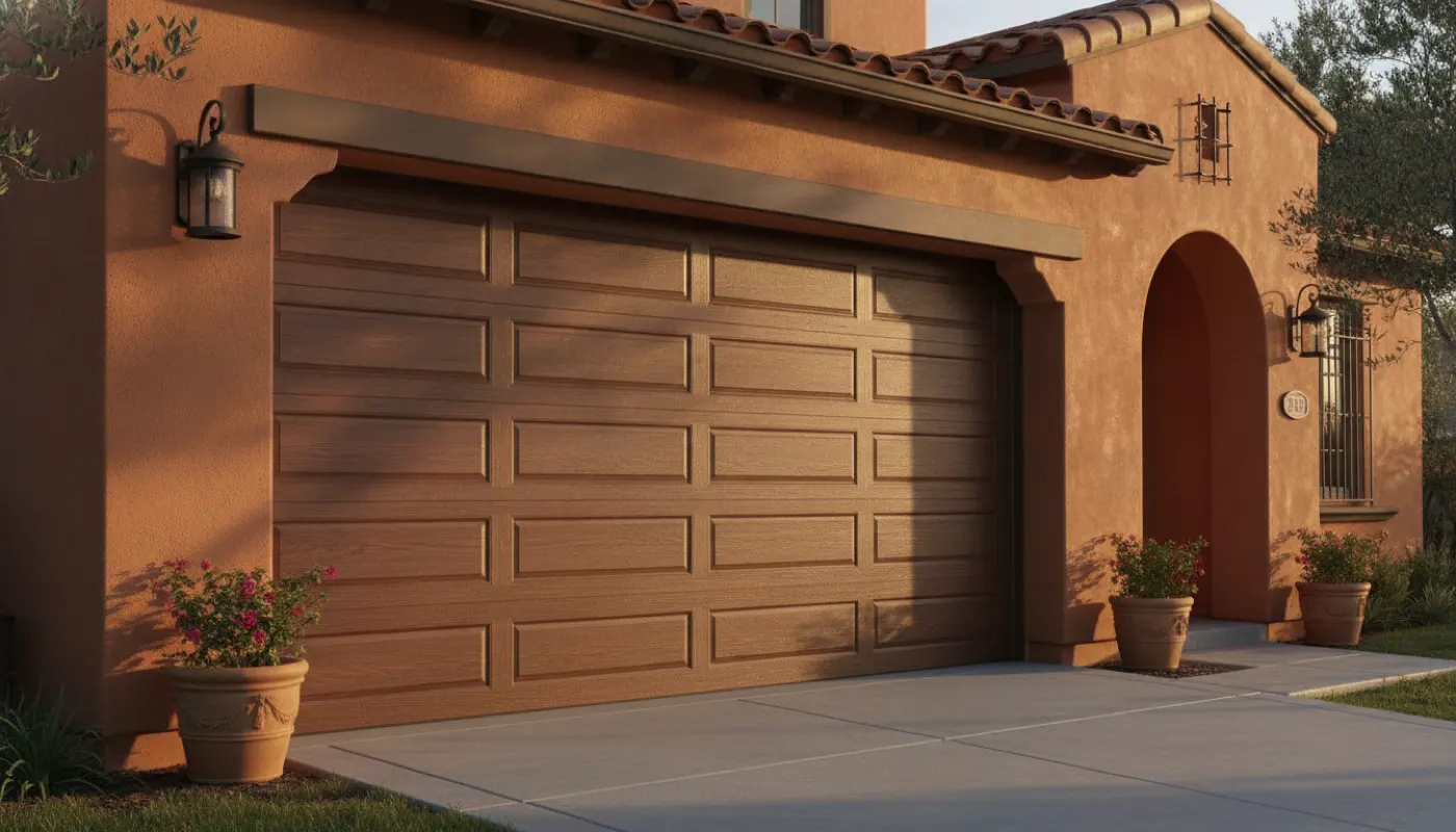 A new wood-look garage door on a Spanish-style home in evening light