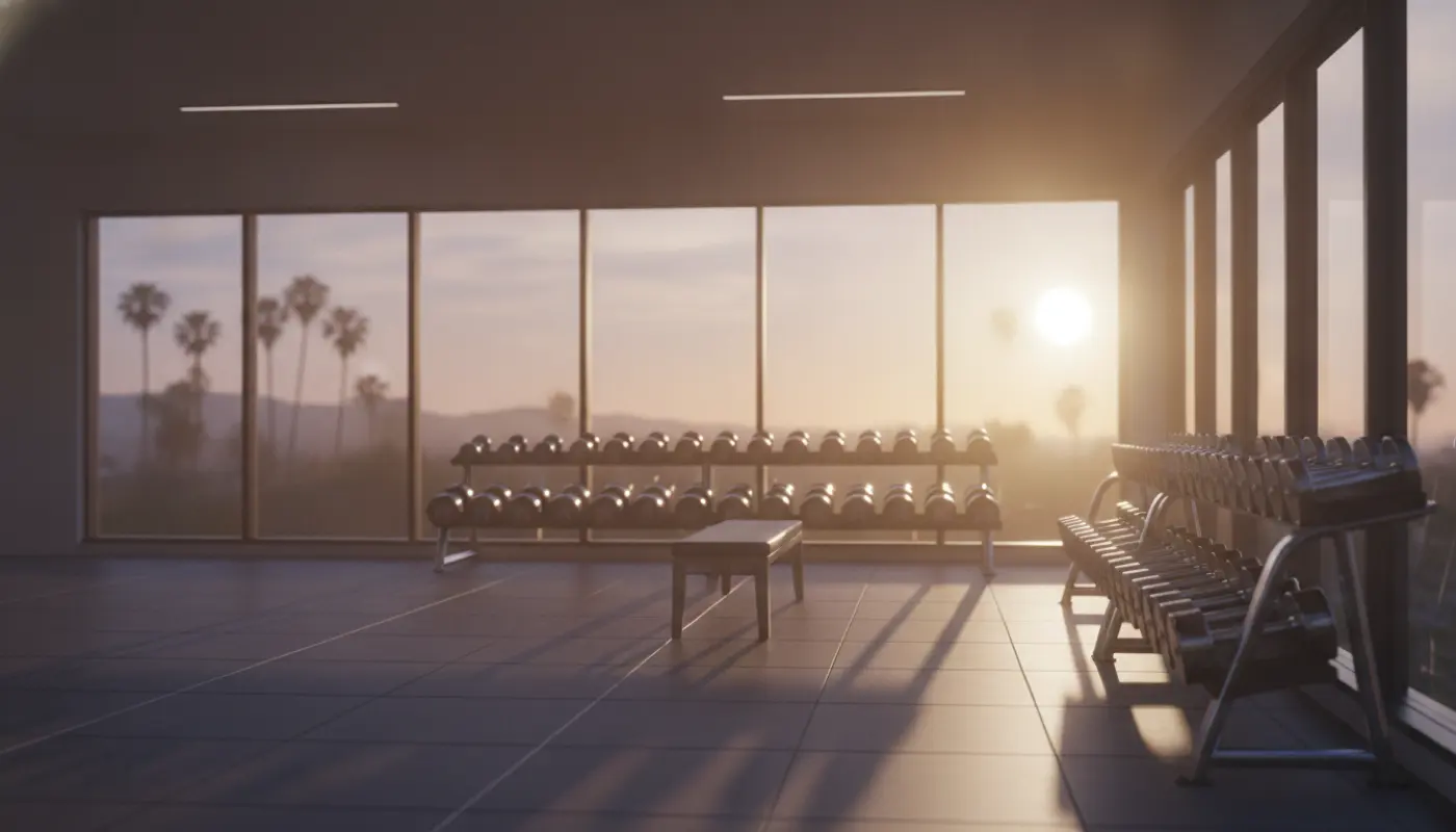 A clean boutique gym interior at dawn with neatly racked dumbbells