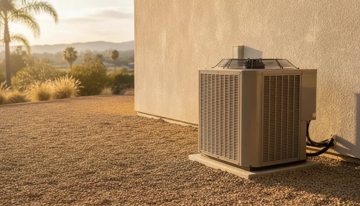 A residential HVAC condenser unit beside a stucco house in warm afternoon light