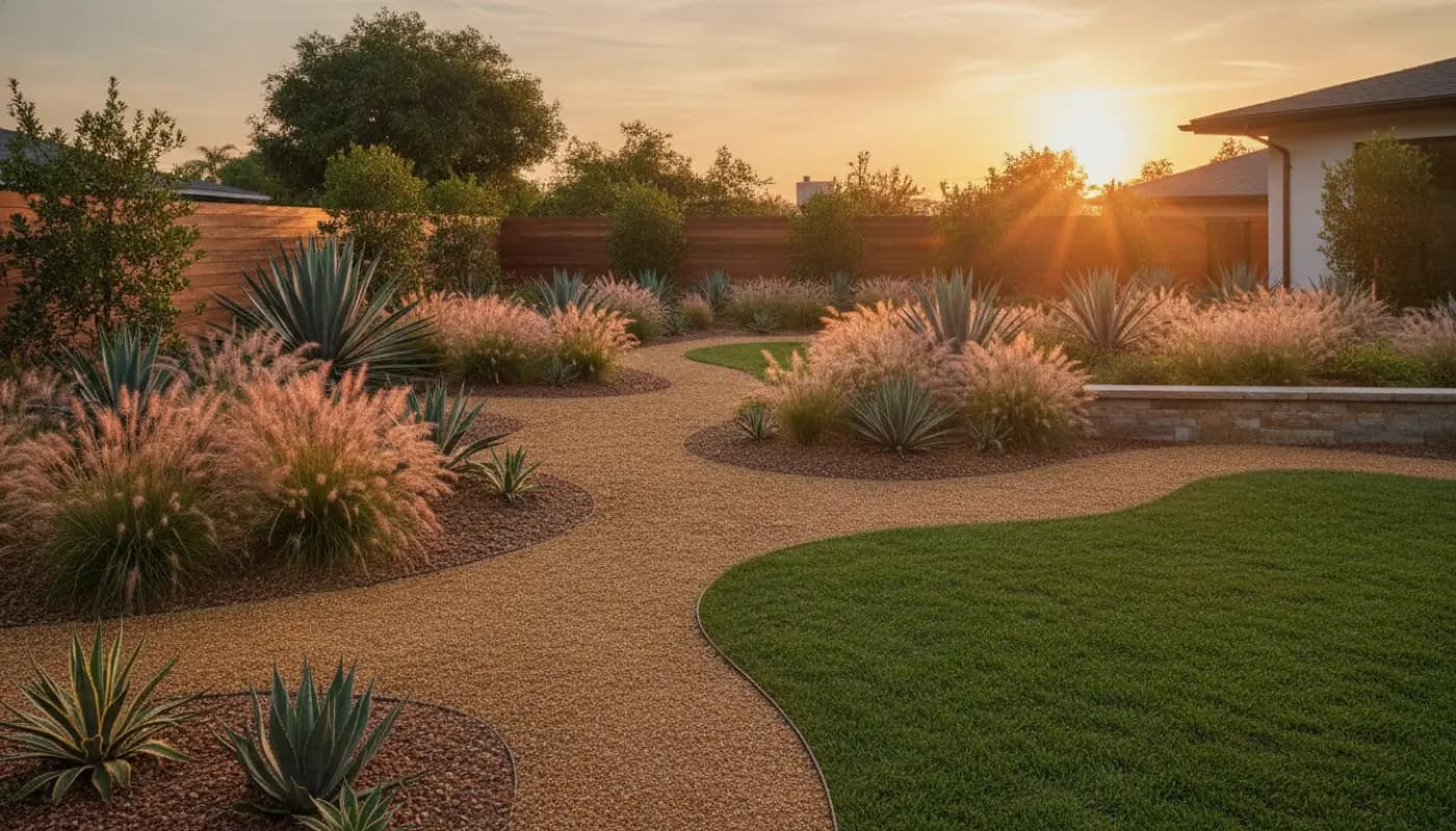 A finished drought-tolerant front yard with gravel paths and ornamental grasses at sunset