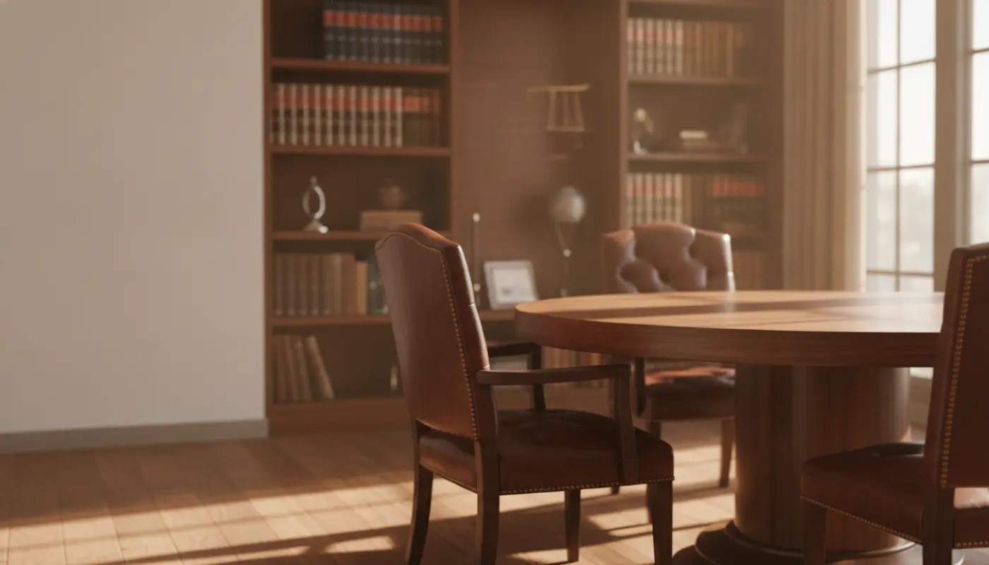 A small law office conference corner with a walnut table and bookshelves