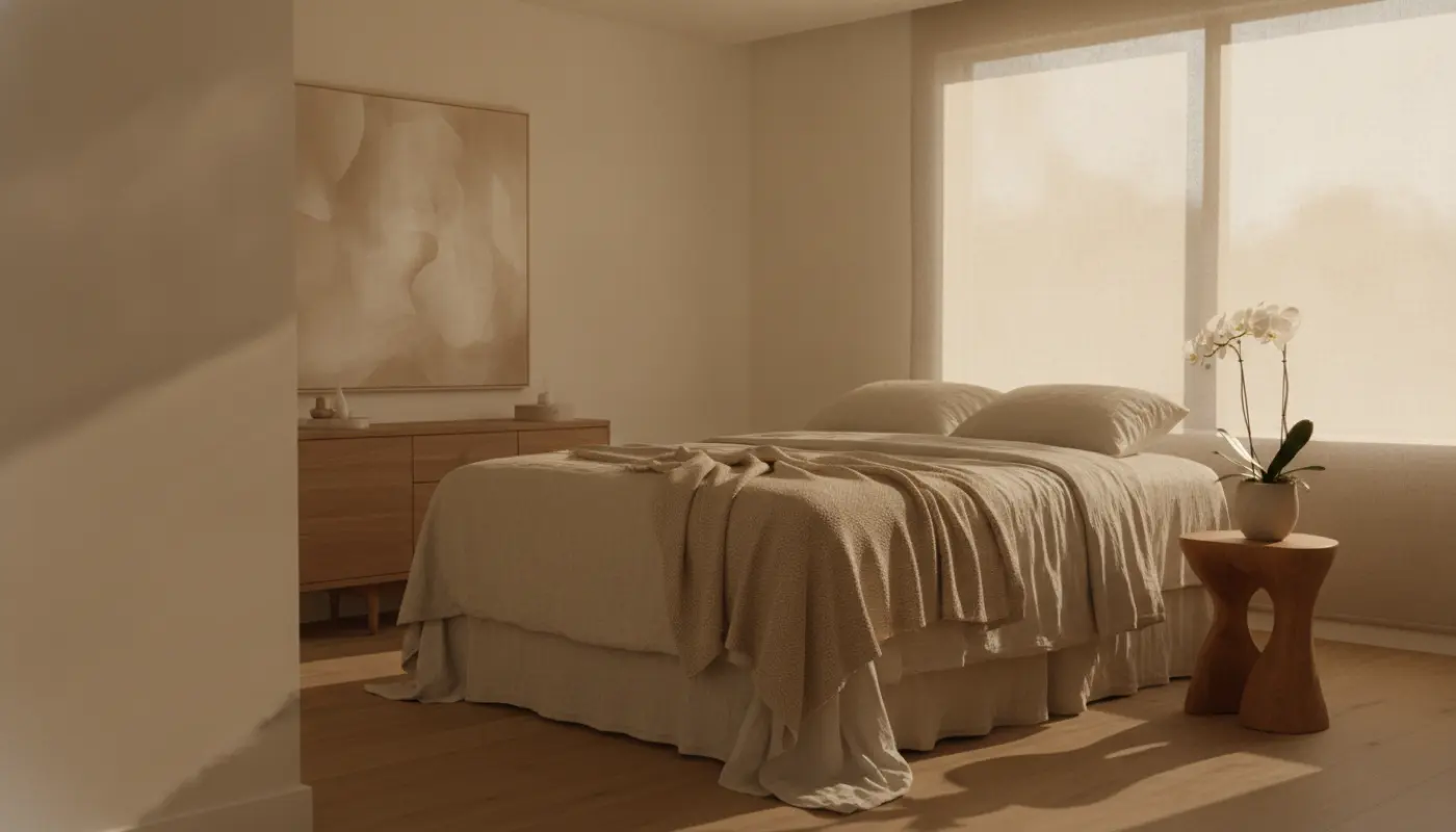 A calm, uncluttered aesthetic clinic room with warm daylight