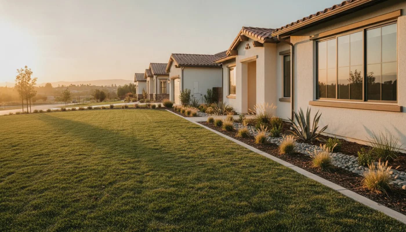 The clean exterior foundation line of a well-maintained suburban home