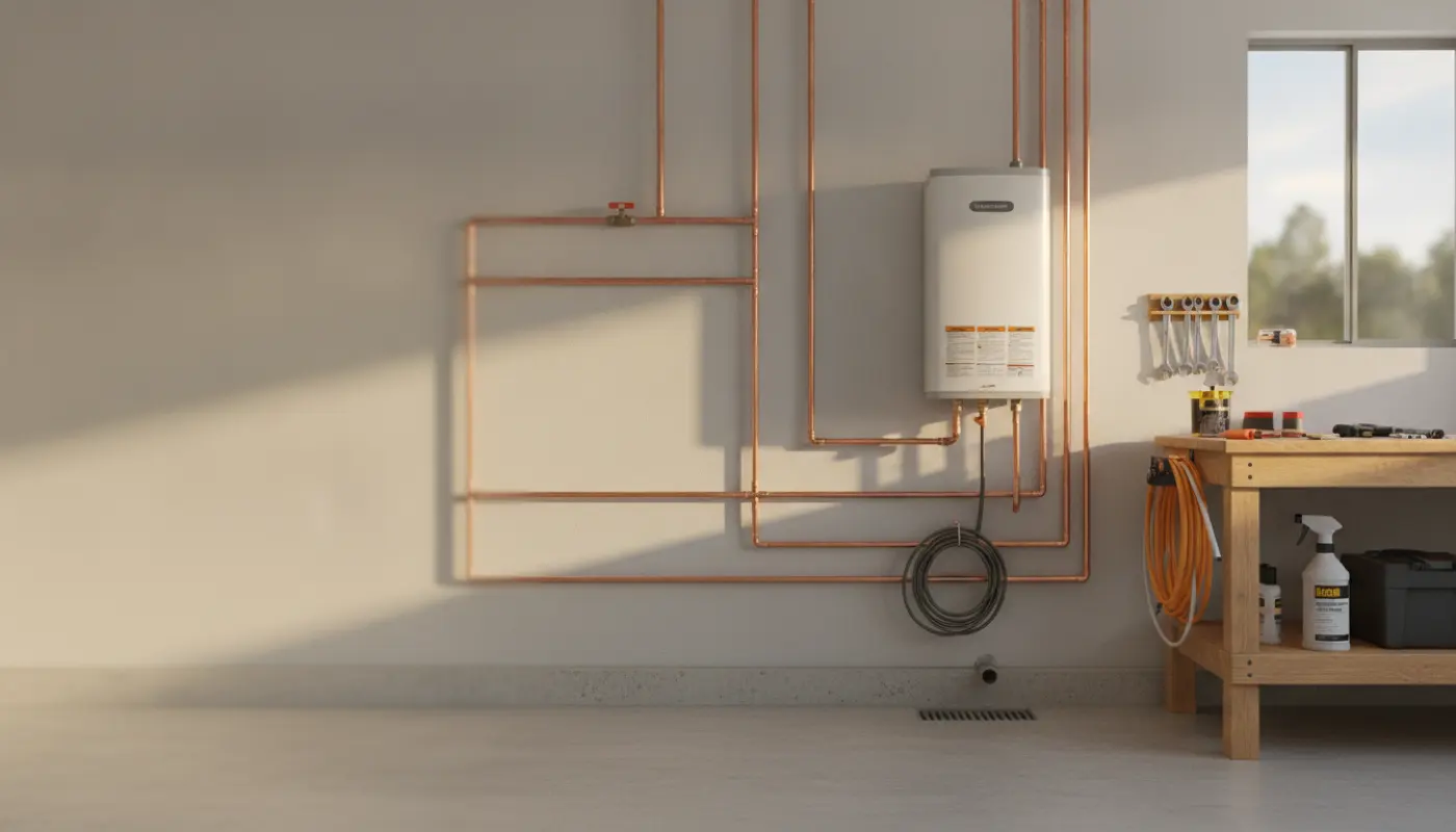 Clean copper pipework and a new water heater in a tidy residential garage