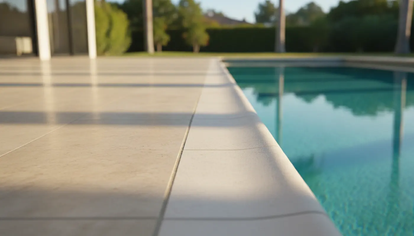 A pristine backyard swimming pool with still water and clean coping tile