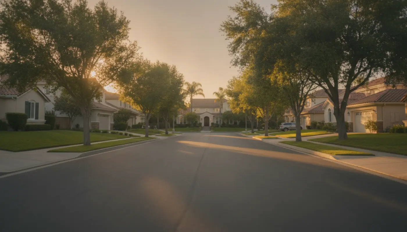 A quiet suburban street of single-family homes at golden hour