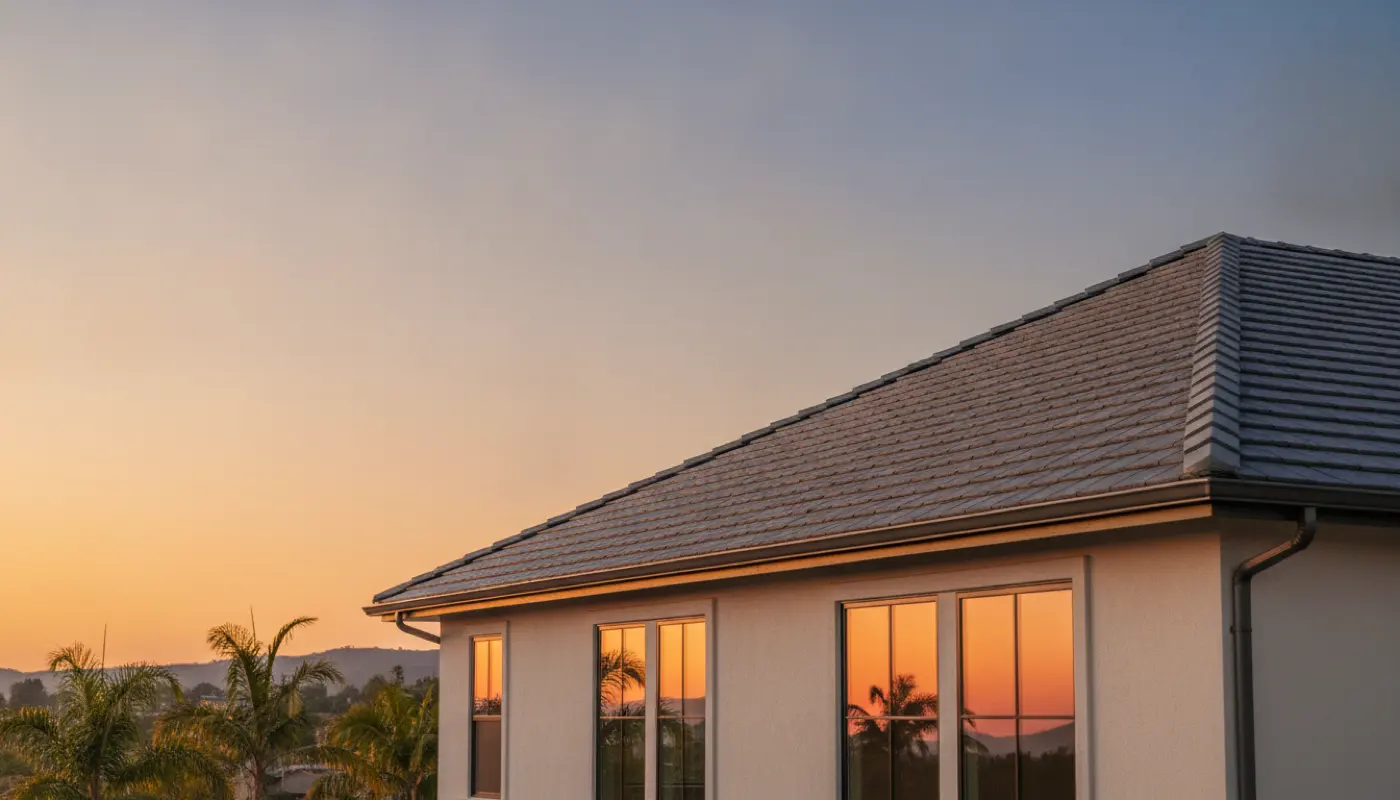 A newly finished shingle roof on a suburban house against an evening sky