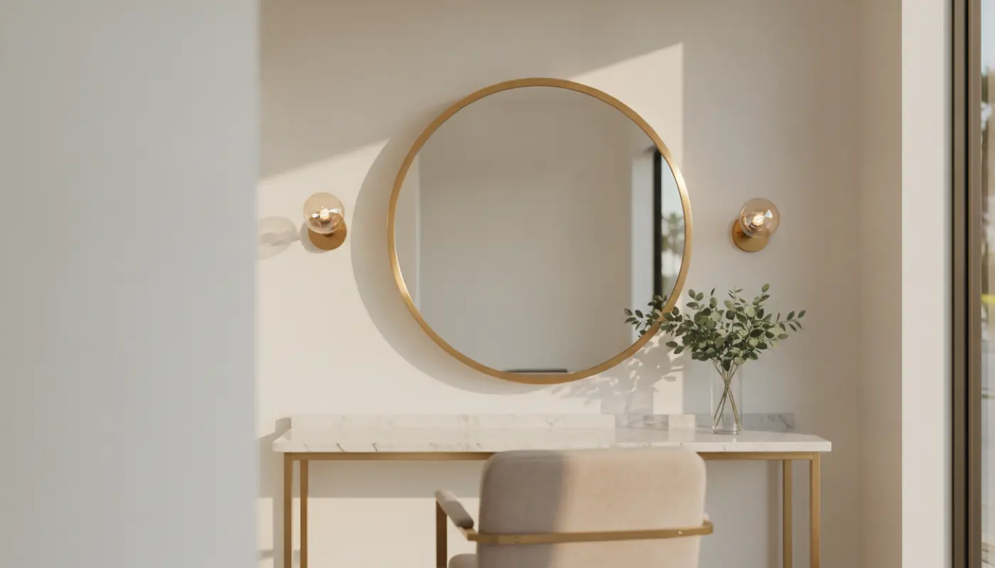 An elegant empty salon styling station with brass fixtures and a large mirror