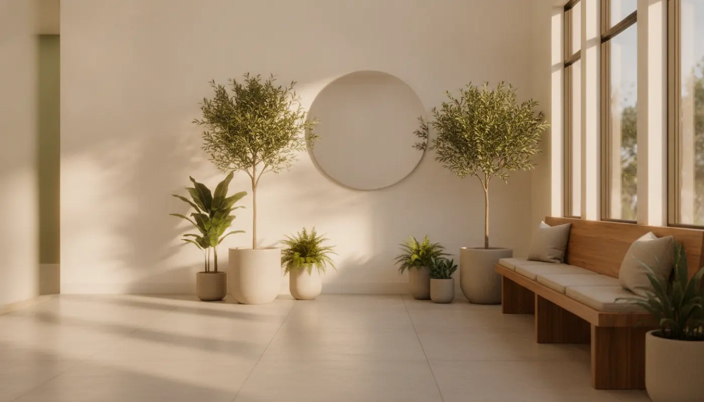A bright, calm veterinary waiting area with a wooden bench and plants