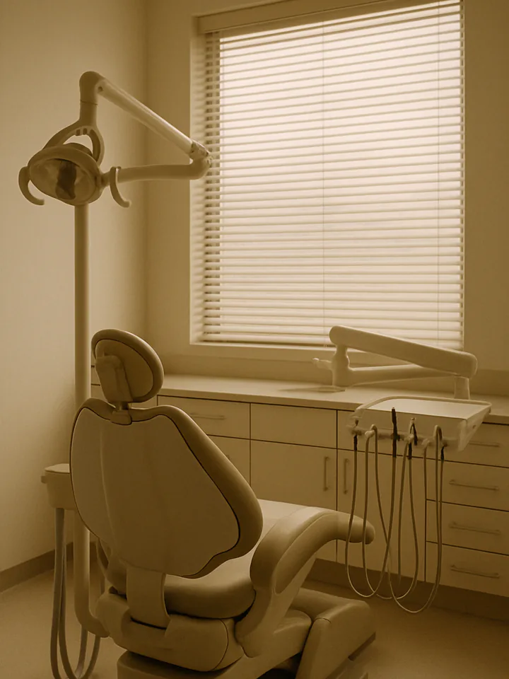 A dental chair in an empty treatment room