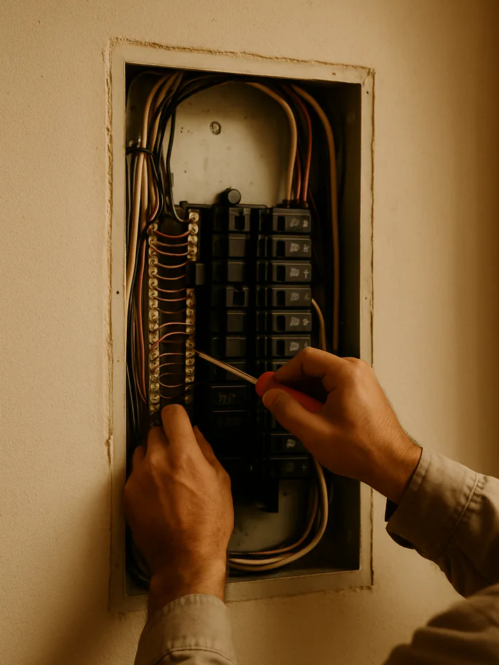 Hands working inside an open breaker panel