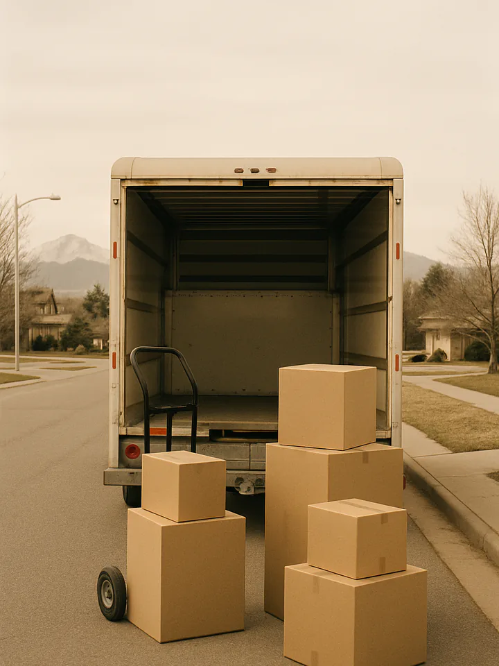 An open moving truck at the curb, with boxes stacked behind it