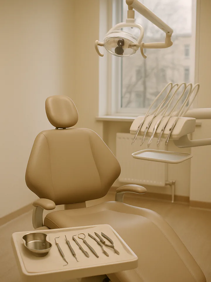 An orthodontist’s chair and instrument tray beside a window