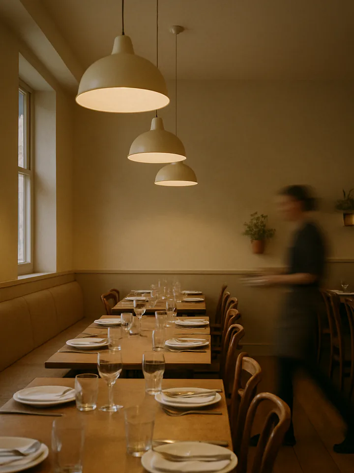 A restaurant dining room with set tables under hanging lamps