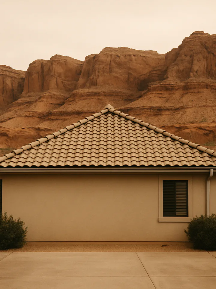 A tiled roof below red rock cliffs